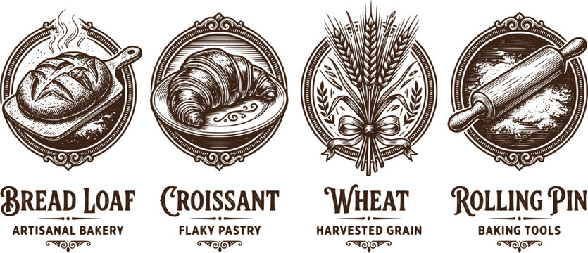 Bakery logos vintage bread loaf croissant wheat rolling pin emblems