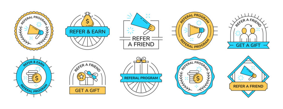 Refer a friend set of outline labels with megaphone, gift boxes, coins. Employee referral program stickers with loudspeaker, money icons. Marketing design badges for business, promotional advertising