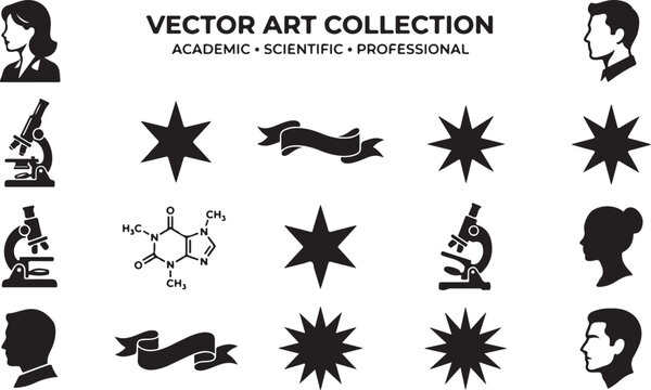 Professional vector illustration set featuring scientific microscopes molecular structures human head silhouettes and decorative star shapes on white background design