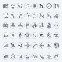 Fototapeta premium Navigation and Location Icons: Maps, GPS, Travel, and Transport Symbols