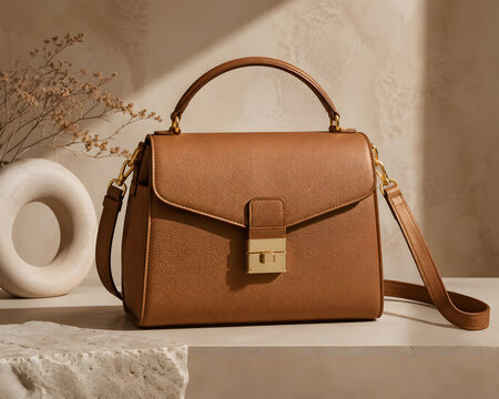 brown leather bag on beige background