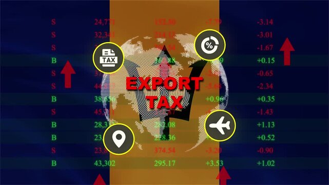 Export Tax Impact on Global Trade: An abstract representation of export tax, featuring graphic icons symbolizing trade, transportation, and global connection.