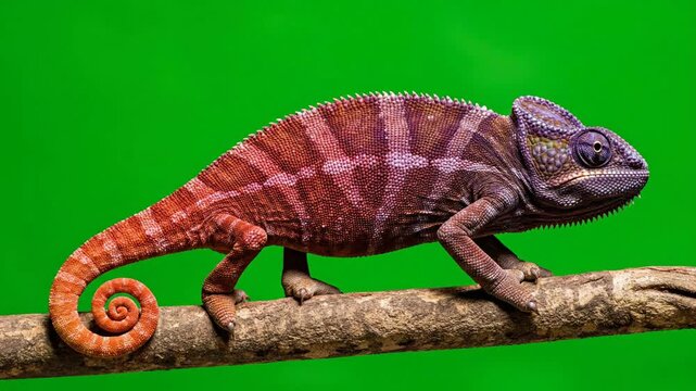 Vibrant chameleon changing skin color on branch against green screen background, lizard reptile color change