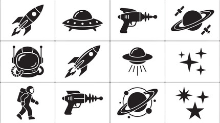 Black and white vector illustration set featuring various space icons like rockets planets astronauts and ufo ships for creative designs © Shehzad 