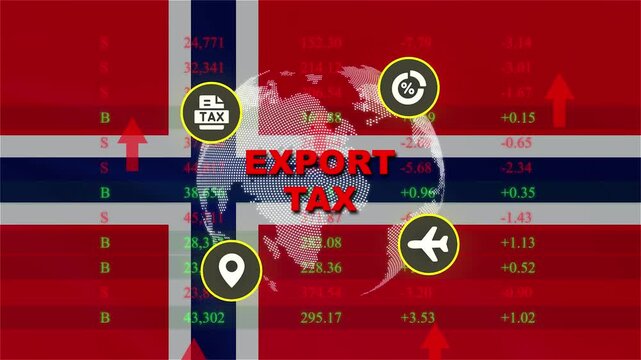 Norwegian Export Tax Impact: Graphic illustration visualizing the impact of export tax on Norway's economy, featuring the national flag, globe, financial data, and relevant icons such as a map pin.