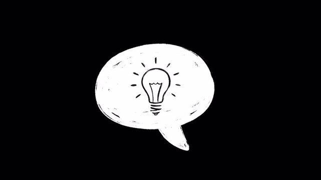 Hand-drawn white speech bubble animation loop featuring a glowing idea light bulb inside. Scribble texture thought cloud or dialogue box element on transparent alpha channel background
