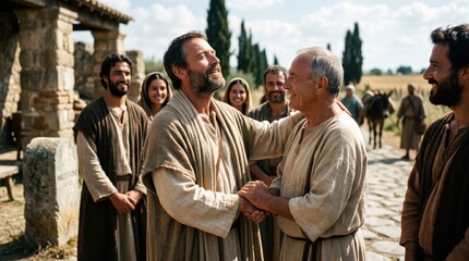 Obraz premium Apostle Paul meeting Christian believers on the Appian Way. Biblical scene depicting group of men and woman greeting each other with joy. Travel, faith, friendship, ancient Rome street.