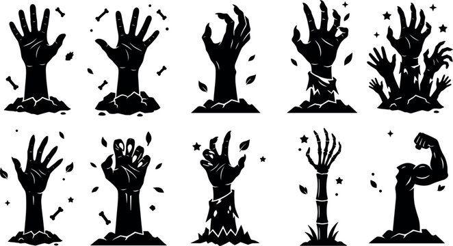 Zombie Hands Rising from Ground Silhouette Icon Set with Dead Corpse Arms and Skeleton Bones for Halloween Party and Scary Horror Graphic Designs