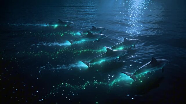 bioluminescent dolphin pod swimming at high speed under dark ocean at night perfect for World Whale and Dolphin Day