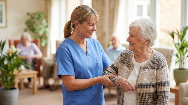 Elderly Care: Healthcare support worker assisting resident in assisted living facility

