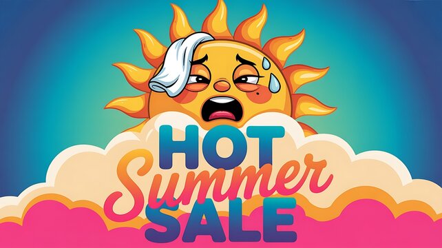 Hot summer sale seasonal marketing illustration with sweaty sun promotion discount marketing shopping template