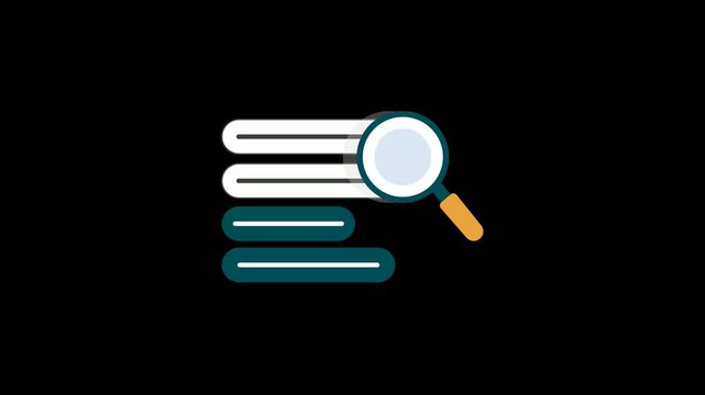 Data search and magnifying glass. The magnifying glass inspects rows of structured text and drop-down bars with small arrows. 2D motion graphics in 4K resolution with alpha channel.