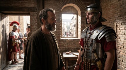 Obraz premium Apostle Paul in chains held by a Roman soldier in imprisonment. Biblical scene from Acts in Rome with old man prisoner guarded by guard in armor. Ancient history and religious life.