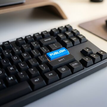 Publish button on keyboard, concept of launching content, digital media, and online publishing.