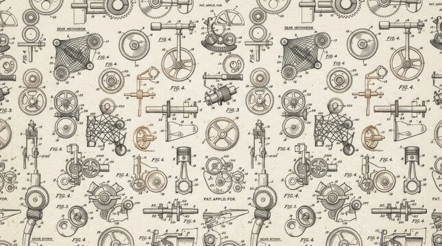 Vintage Mechanical Valve and Fitting Illustrations in Technical Drawing Style on Textured Paper