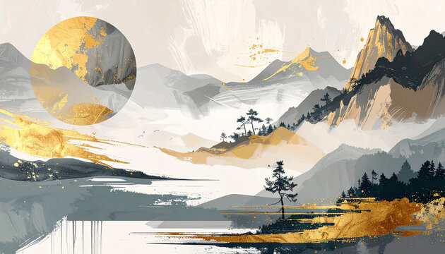 Gold and grey ink wash landscape with sun and mountains