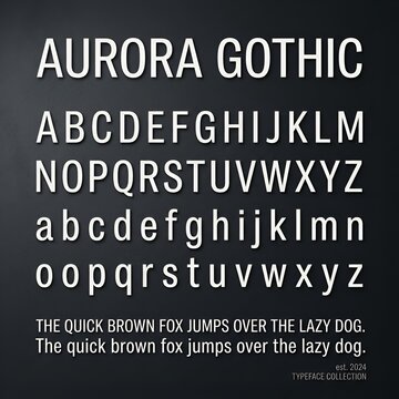 Aurora Gothic typeface: Uppercase, lowercase letters, and pangram on dark background