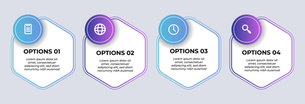 Business Infographic Template - Four Options Hexagon Design with Icons for Process, Timeline, Services or Features Presentation