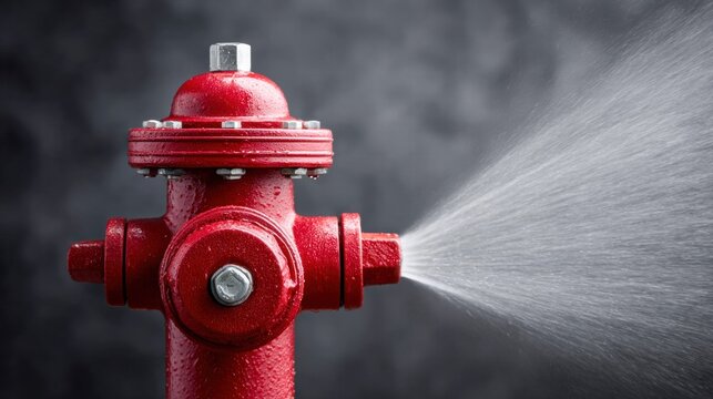 Red fire hydrant spraying water against a dark background