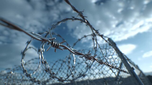 Barbed wire fence creating a strong boundary and security barrier, conceptualizing themes of freedom, restriction, immigration, and prison theme against a blue sky background