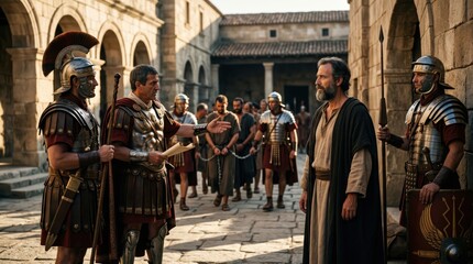 Naklejka na ściany i meble Apostle Paul meeting Roman centurion and soldiers upon arrival in Rome. Biblical scene showing ancient guard with prisoner, historical drama and religious faith in holy scripture.