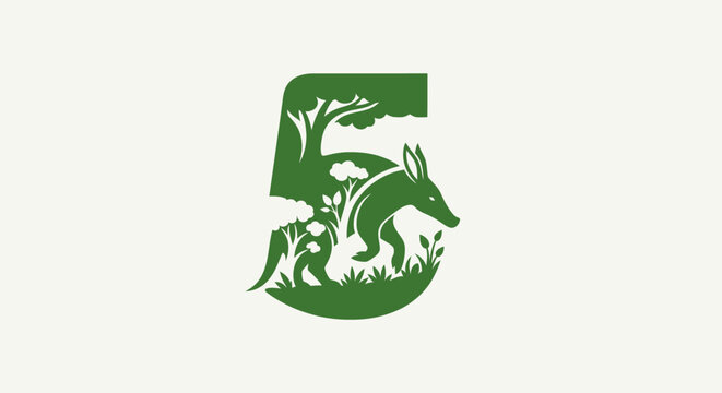 Green Number Five with Nature and Animal Silhouettes.