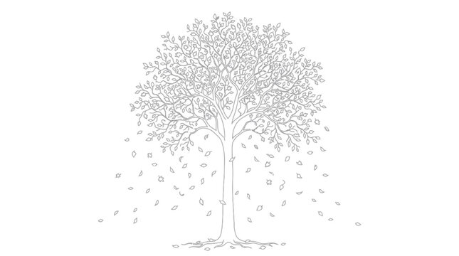 Subtle gray scale tree illustration with falling leaves.