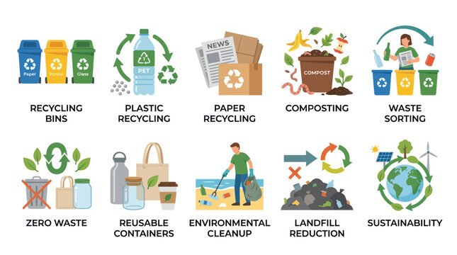 Sustainable living and eco-friendly waste recycling icons.