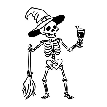 skeleton with witch hat and broom holding a glass