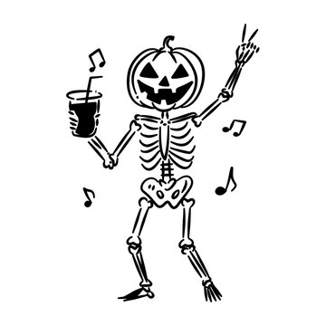 skeleton with pumpkin head holding a drink