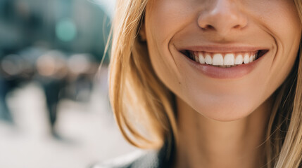 Fototapeta premium A woman celebrates National Smile Day with a bright outdoor smile