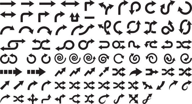 Arrow and swirl shapes black vector illustration on white background
