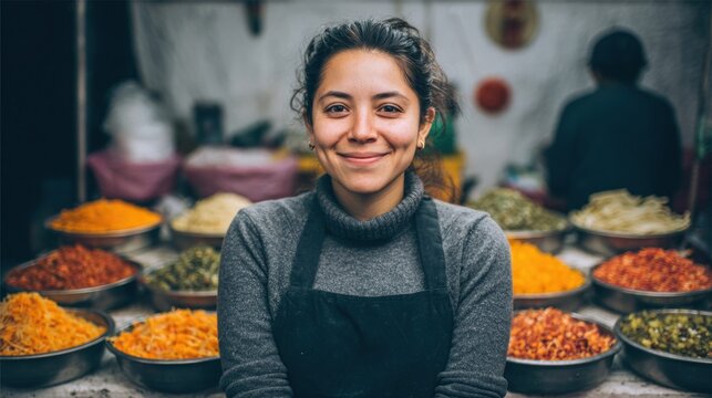Smiling woman at a market stall with colorful spices and ingredients