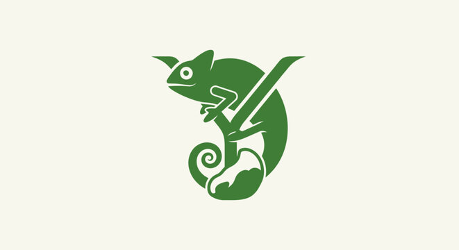 Green chameleon silhouette with curled tail design.