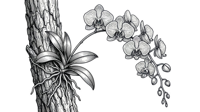 Vertical orchid plant engraving attached to rugged tree bark