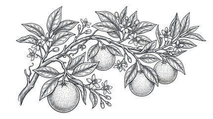 Vintage botanical engraving of orange branch with fruits and flowers © ahmad
