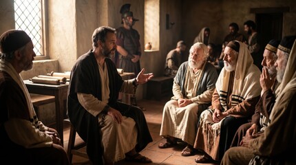 Obraz premium Apostle Paul preaching in Rome to Jewish people while under house arrest. Ancient biblical scene depicting evangelism of Jesus Christ. Religious history and teaching ministry concept.