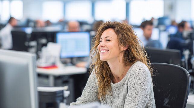 Woman smiling on National Smile Day in a modern office setting with coworkers