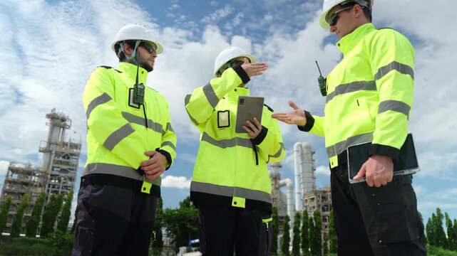 Team collaboration in industrial site safety meeting construction zone outdoor wide angle workplace efficiency