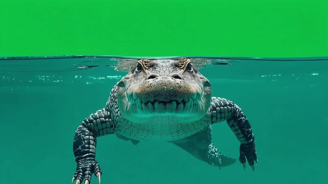 Alligator swimming underwater with green screen background showing a dangerous reptile predator in motion for cinematic nature video footage project