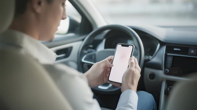 Medium shot of a user holding a smartphone app that visualizes driving score insights while the car interior fades softly focusing on remote monitoring in telematicsbased