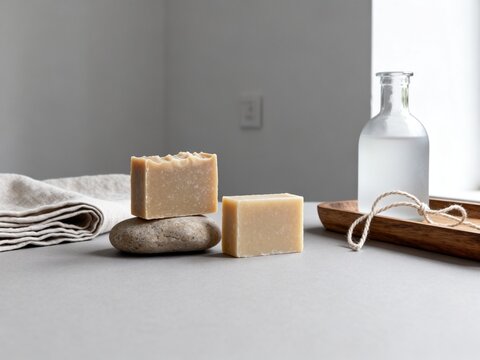 Natural Soap Bars on Stone with Linen and Glass Bottle