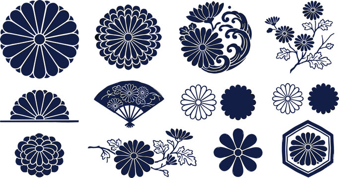 Traditional Japanese Kamon Style Chrysanthemum Vector Ornament Set with Imperial Flower Crest Elements for Pattern Branding and Asian Cultural Graphic Designs