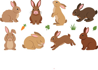 Naklejka premium Cute Bunny Rabbit Vector Illustration Set Featuring Various Poses and Actions for Easter Spring Kids Projects and Animal Wildlife Graphic Designs