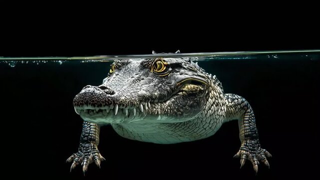 Alligator emerging from dark water surface in this high resolution motion video clip showing sharp teeth and glowing eyes