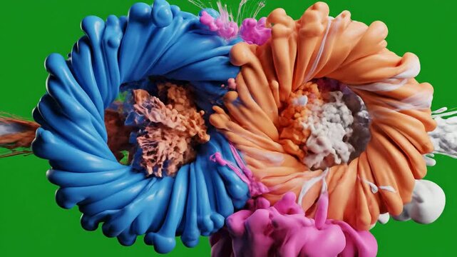 Vibrant multi-colored ink swirls forming abstract torus shapes on green screen background, liquid paint