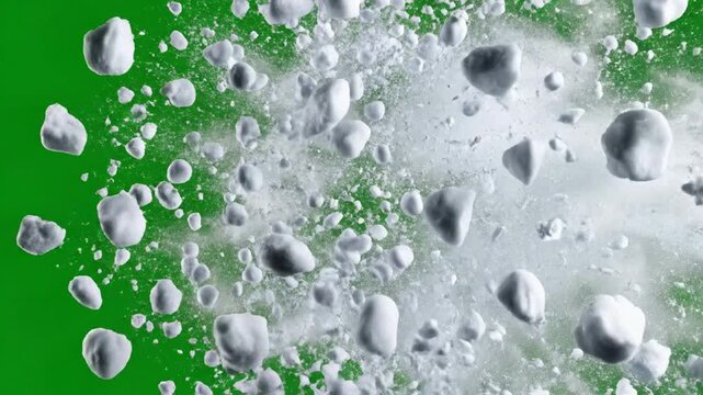 Snowball explosion slow motion on green screen, winter impact effect