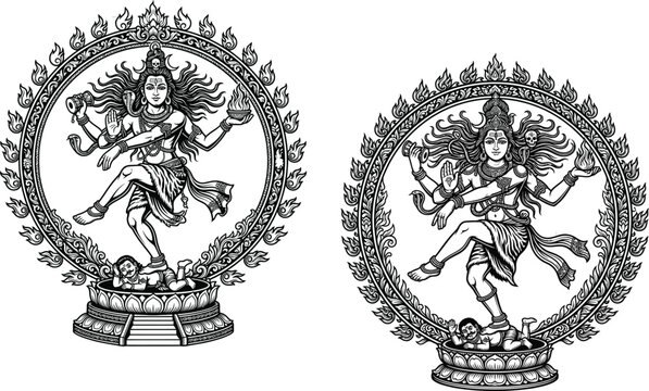 Hindu god shiva nataraja dancing flames line art