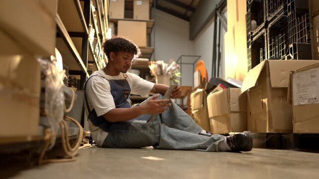 Stressed shop worker feeling pressure while working in a storage area of a small handmade business