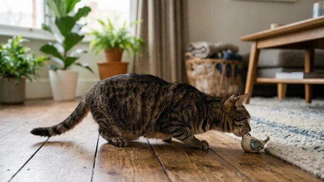 A curious tabby cat stealthily approaches a small toy mouse on a wooden floor in a cozy living room filled with greenery